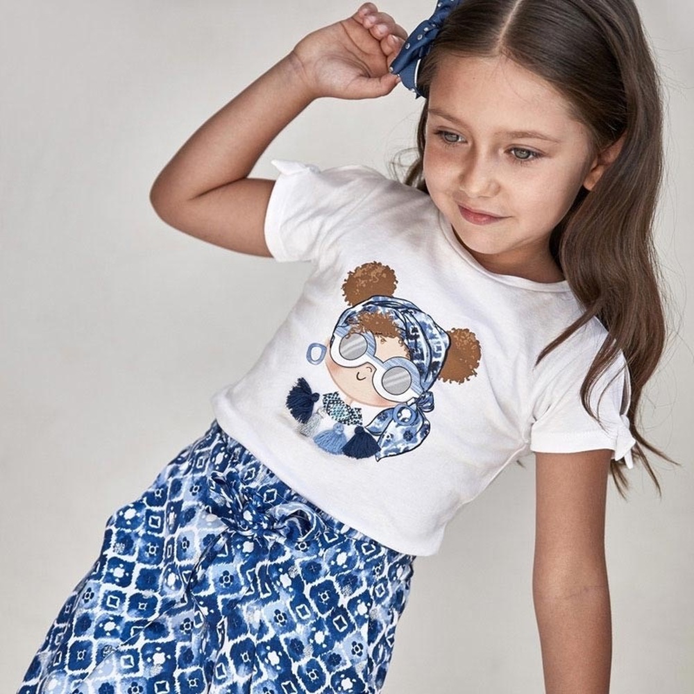 Size 7 Girls Mayoral White Tee with Blue Graphic